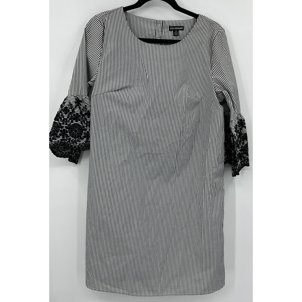 NWT Nina Leonard Striped Dress Embroidered Bell Sleeves Black White Medium